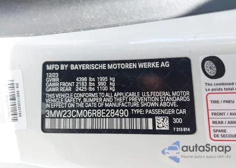 2024 BMW 230I z USA, uszkodzony, nr VIN 3MW23CM06R8E28490